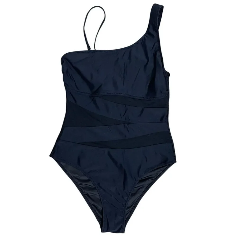 Black One Shoulder One Piece Swimsuit Mesh Cut Out Slimming S